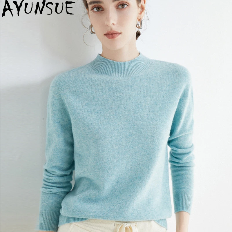 

AYUNSUE Cashmere Sweater One-Line Ready-To-Wear Ladies 100%Wool Pullovers Casual Knit Sweater Autumn Tops Female Inside Jumper