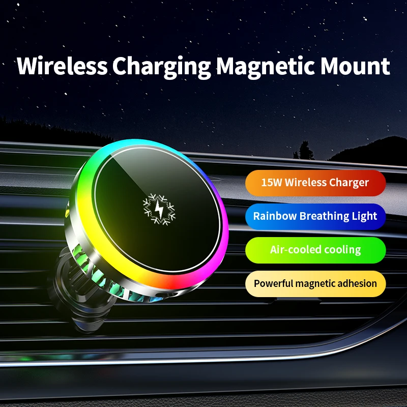 

H1 15W Air‑Cooled Magnetic Wireless Car Charger – RGB Rainbow Light, Strong Suction, 360° Rot for iPhone 12‑17 & Android