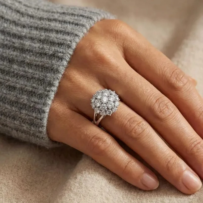 Täglich tragbare geometrische Blumen-Ringe mit kubischem Zirkon für Damen, silberfarben, hochwertige Damen-Accessoires, Hochzeits- und Party-Schmuck