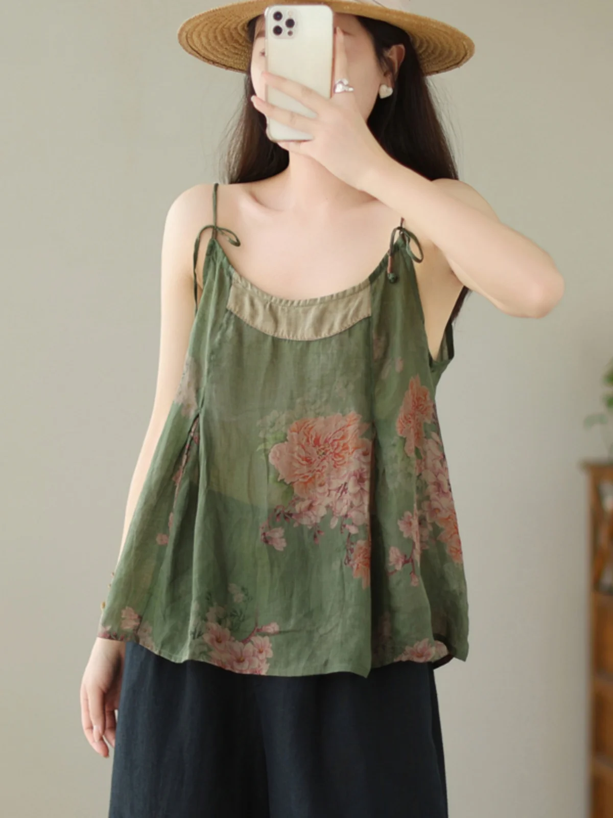 

Летний женский топ из хлопка и льна с цветочным принтом, внутренняя одежда свободного кроя, Vaion Sle, обычная длина, растительный узор