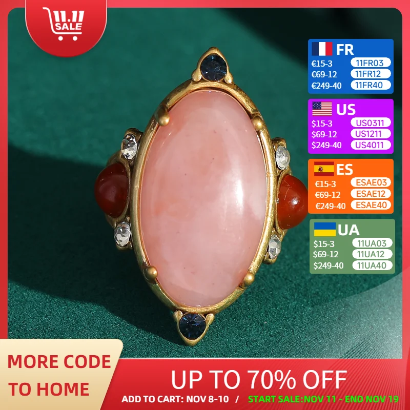 

Vintage Jewelry Olive Pink Ring Stone Crystal Adjustable For Woman Natural Gold Color Wedding Rhinestones Retro Style Romantic