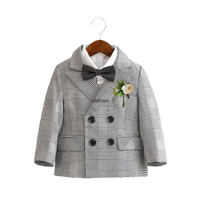 Boys Business Suit Spring Summer 2024 British Plaid Flower Child Wedding Outfits Gray Handsome Kids School Uniform Blazer Set