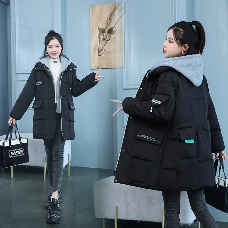 Inverno novo com capuz longo estudante cor sólida algodão-acolchoado quente solto jaqueta feminina parkas moda outwear