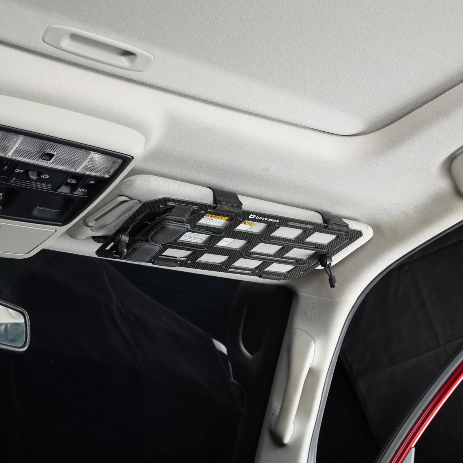 BEVINSEE für alle Toyota 4Runner Auto-Sonnenblenden-Organizer aus Kohlefaser, Ersatz für 74320-35A91-B1/74310-35B01-B1 – Detail 4