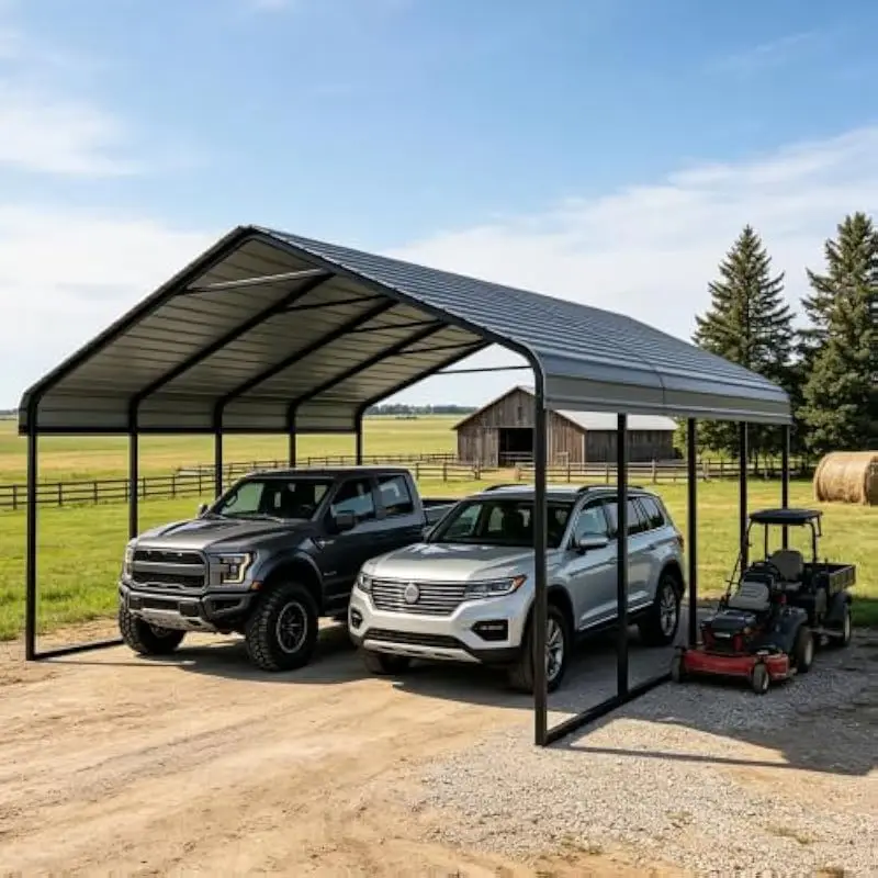 20x20 FT Freestanding Steel Canopy with Sloped Vertical Roof – Rust-Resistant Galvanized Frame – UV-Blocking Water-Repellent Cov