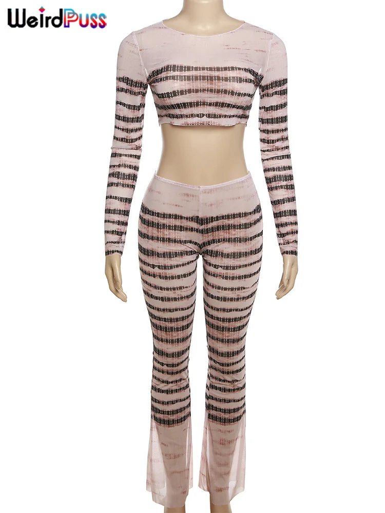 Weird Puss Sexy See Through 2Piece Set Women Striped Skinny Stretch o-Neck Long Sleeve Crop Tops+Pants Matching Clubwear Outfits