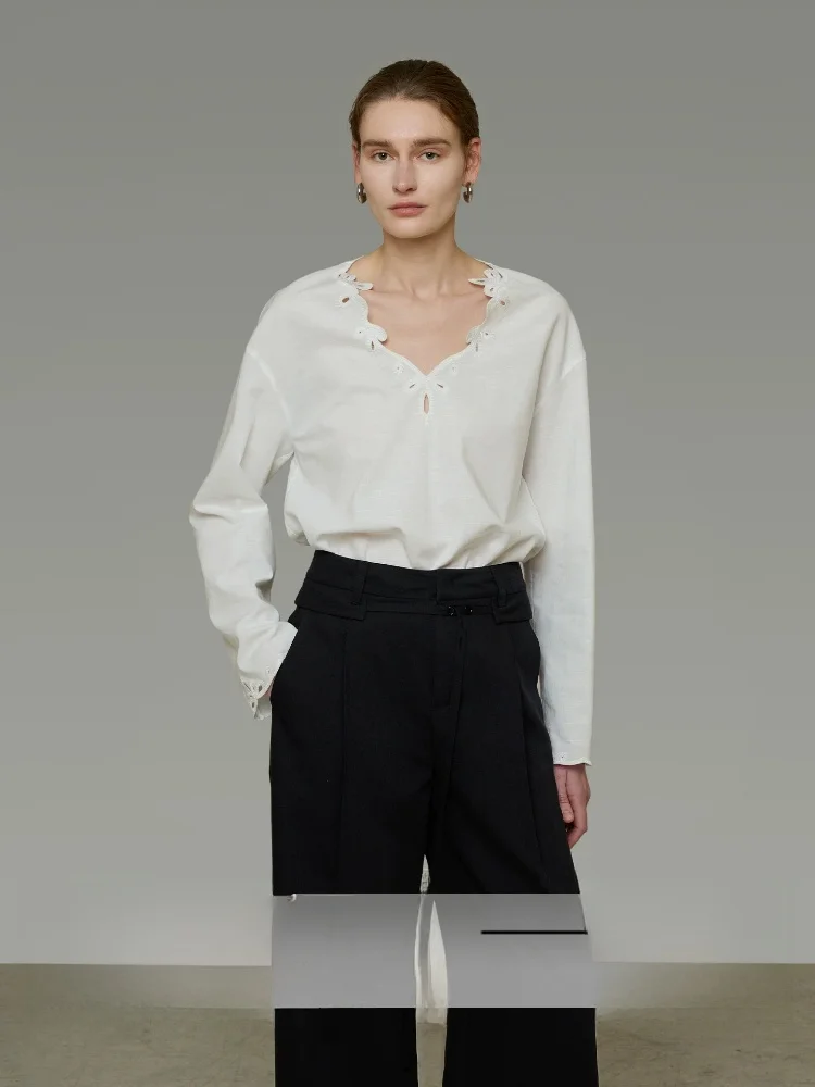 

Unspoken Women's Ivory Long Sleeve Embroidered Hollow Loose V-neck Versatile Slimming Shirt Cotton Blend Comfortable Commute ...