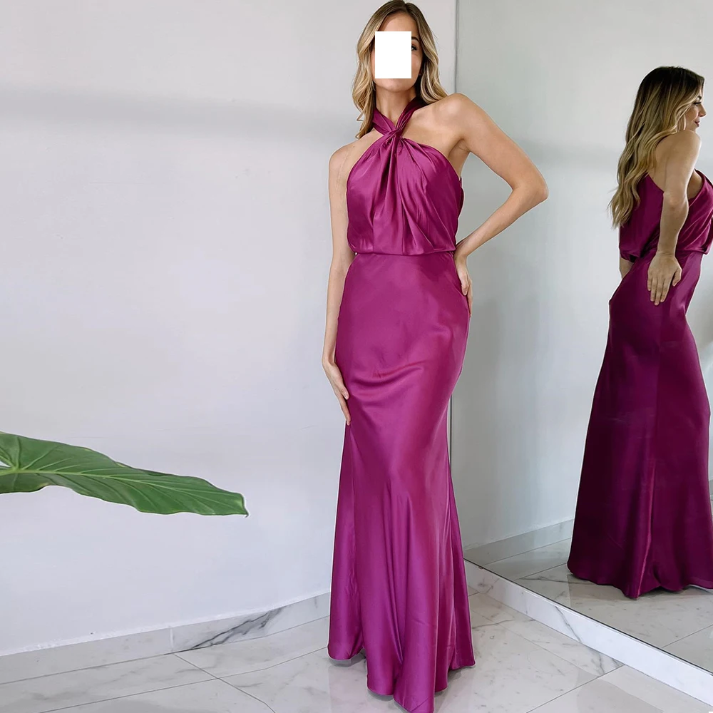 

Elegant Straight Photo Color Floor Length Evening Dress Halter Satin Pleats Sleeveless Bespoke Occasion Gowns Saudi Arabia 2024