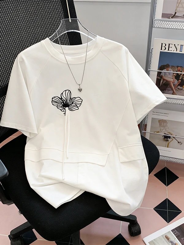 

Summer Casual Women's T-shirt plus Size Color Block Design Anti-Aging Fashionable Short Sleeve Korean Style Commute Wind