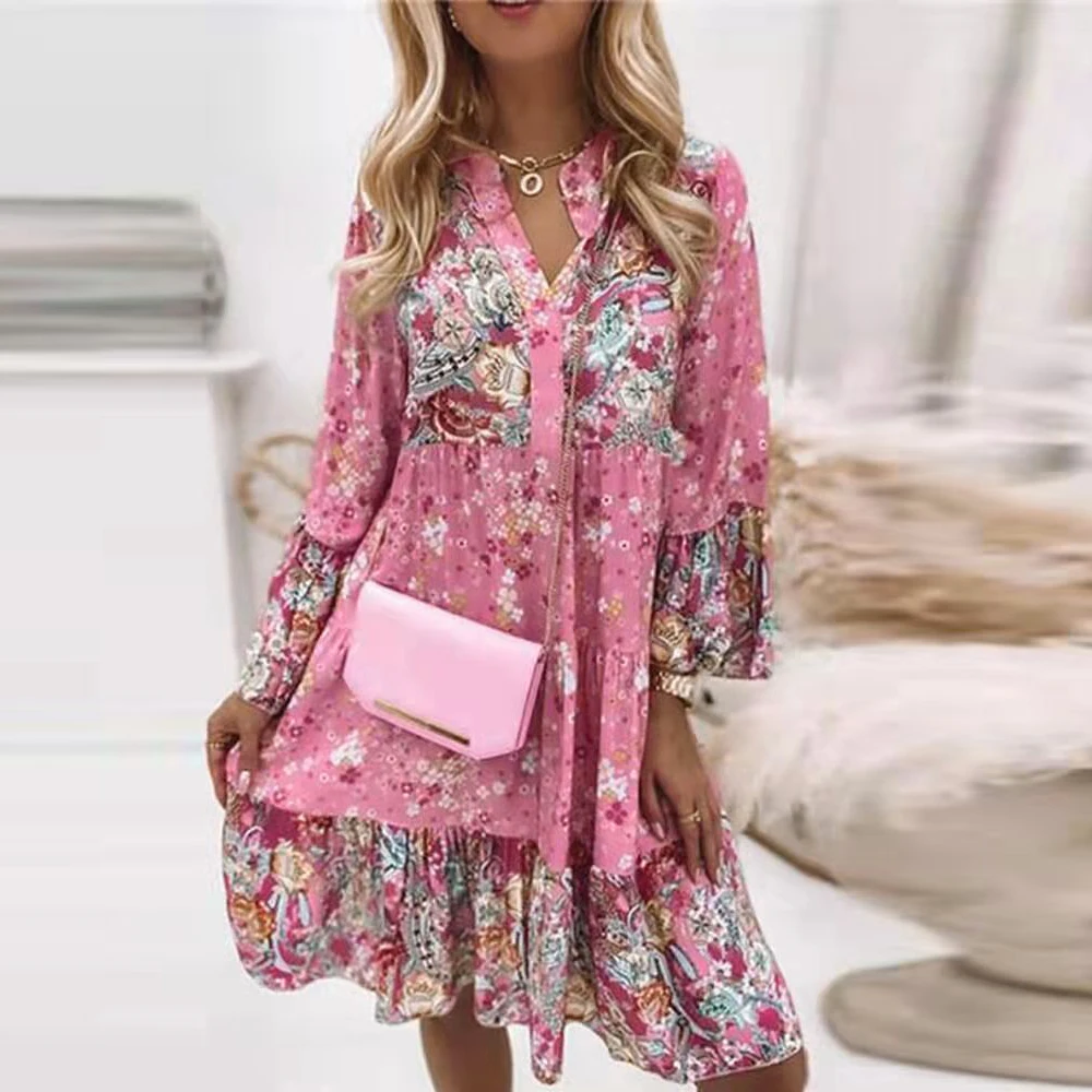 Floral Print Dress for Women 2023 Oversize Elegant Pleated Long Sleeve Casual Dresses Female Loose Bohemian Beach Holiday Dresse