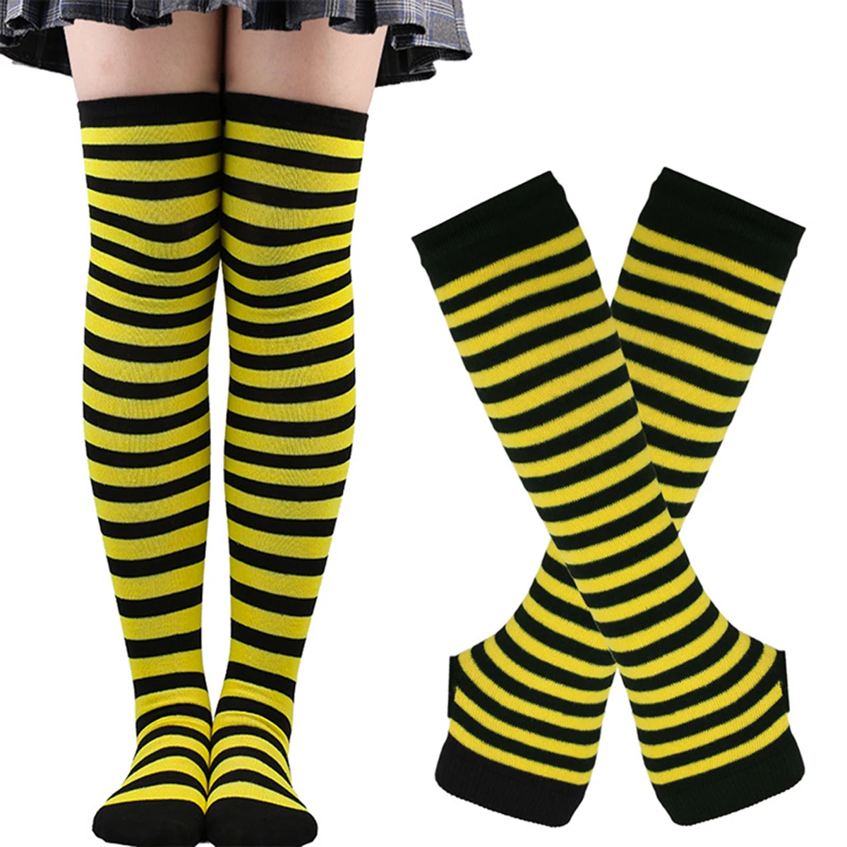 Womens Striped Stocking Socks Knee High Socks Thigh High Over The Knee Hosiery Arm Warmer Fingerless Gloves Set