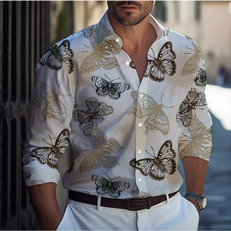 2024 New Fashion Men's Butterfly Shirt Comfortable And Soft Long Sleeve Shirt Daily Wear Top Stylish Button Design Breathable