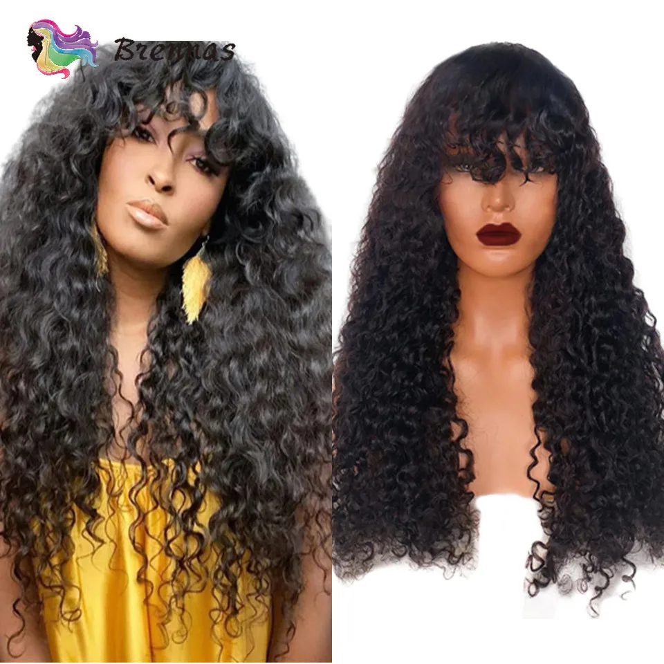 Perucas de cabelo humano encaracolado com franja densidade 180 brasileira wear e ir longo encaracolado perucas sem cola cabelo humano pronto para usar pode ser tingido