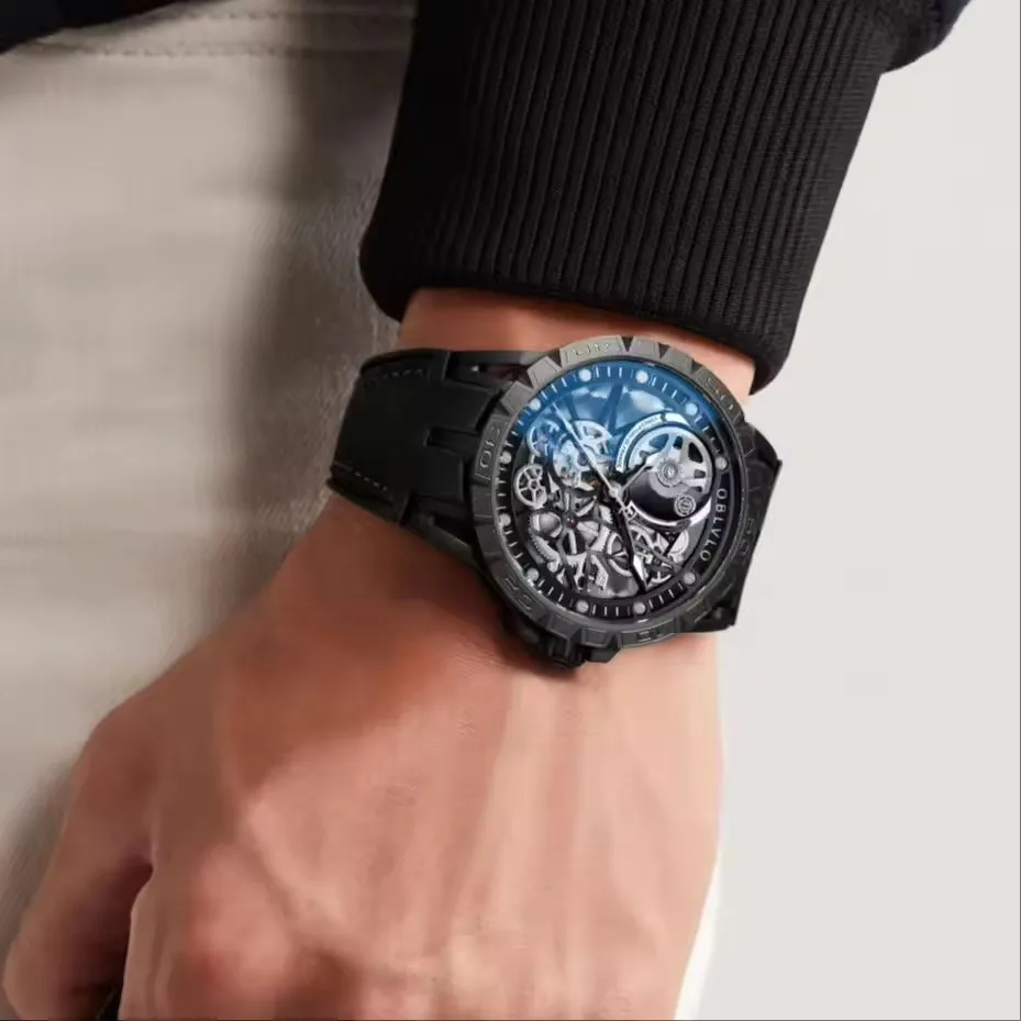 OBLVLO Men's Luxury Automatic Mechanical Watch – Skeleton Dial, Stylish Military-Inspired Design, Waterproof Rubber Strap