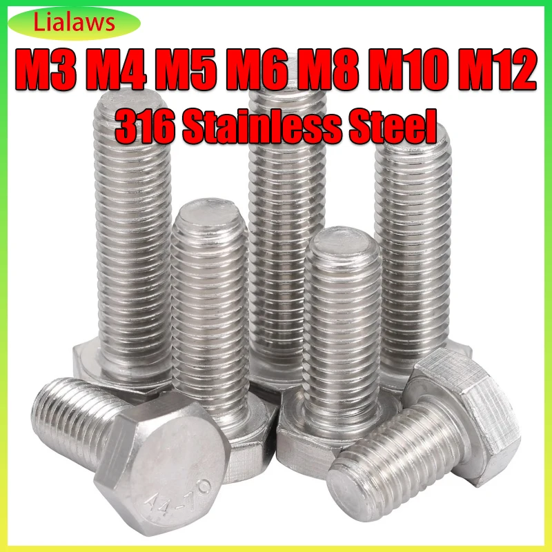 

M3 M4 M5 M6 M8 M10 M12 316 Stainless Steel Hexagon Head Bolt Full Thread External Hex Hexagon Head Screws DIN933 Length 6-200mm