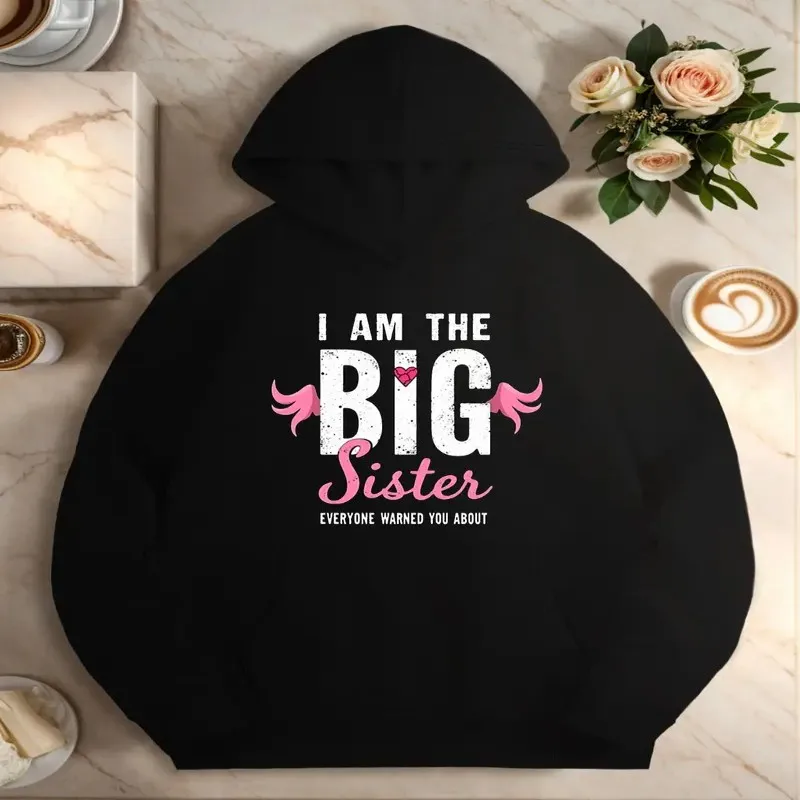 

Осень-зима женский свитшот больших размеров AM THE BIG SISTER розовый дизайн с сердечками и крыльями семейный подарок теплая уличная одежда с длинными рукавами