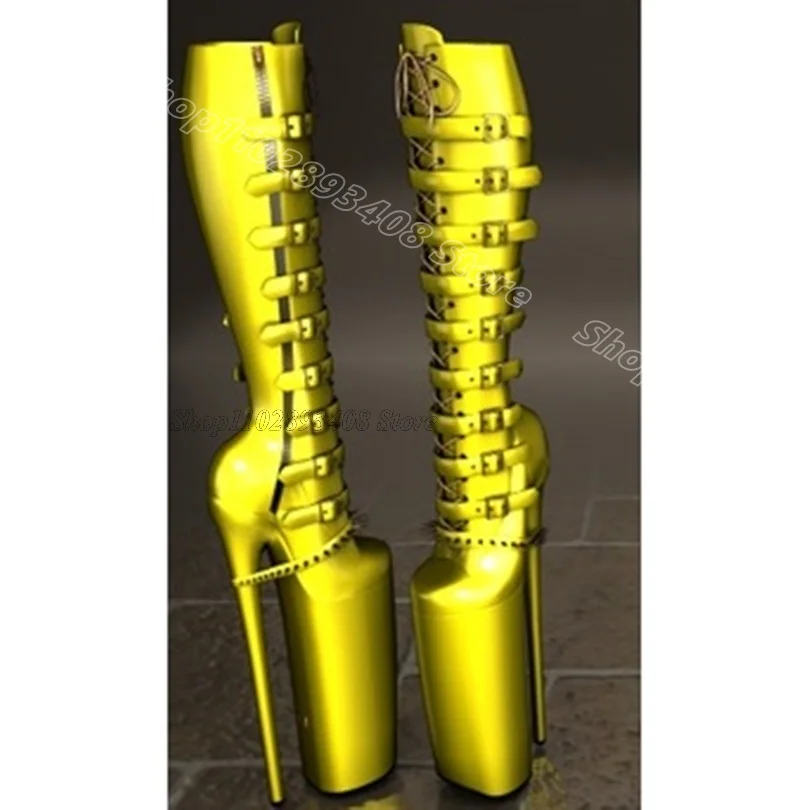 Botas de joelho com fivela de plataforma para mulheres, toe redondo, zíper lateral, estilo britânico, vestido de festa, sapatos stiletto, sapatos laranja, 2024