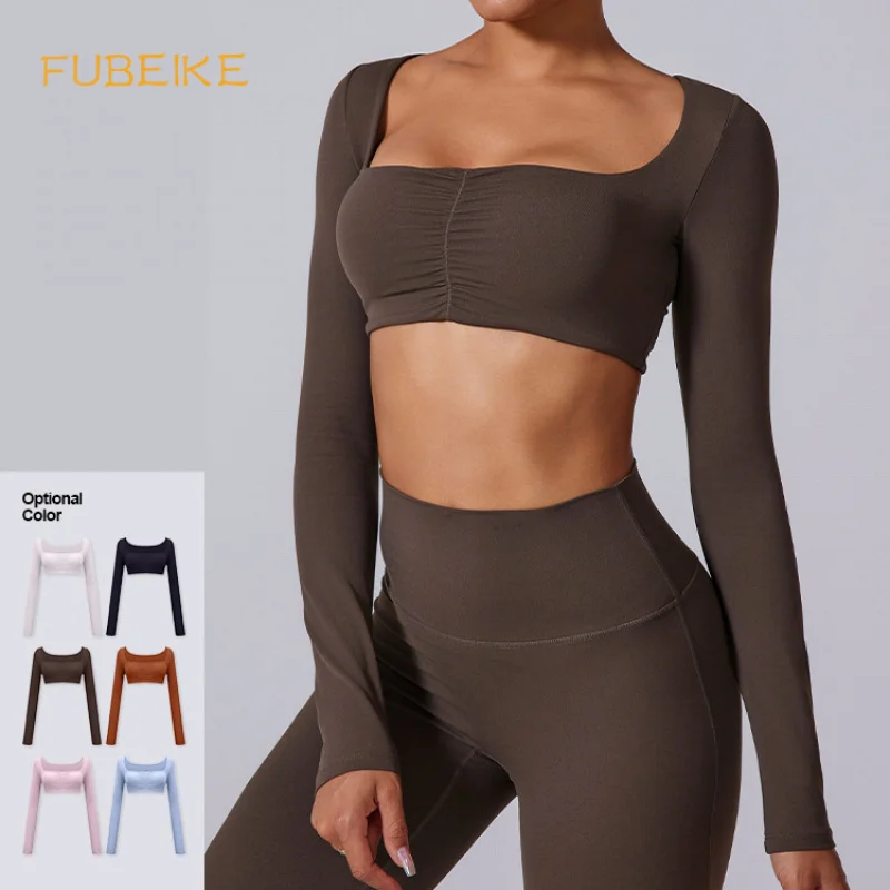 

FUBEIKE New Top Square-Cut Fshion Seamless Sports Shirt Woman Long Sleeve Fitness Top Yoga T-shirt Womens Compression Shirt