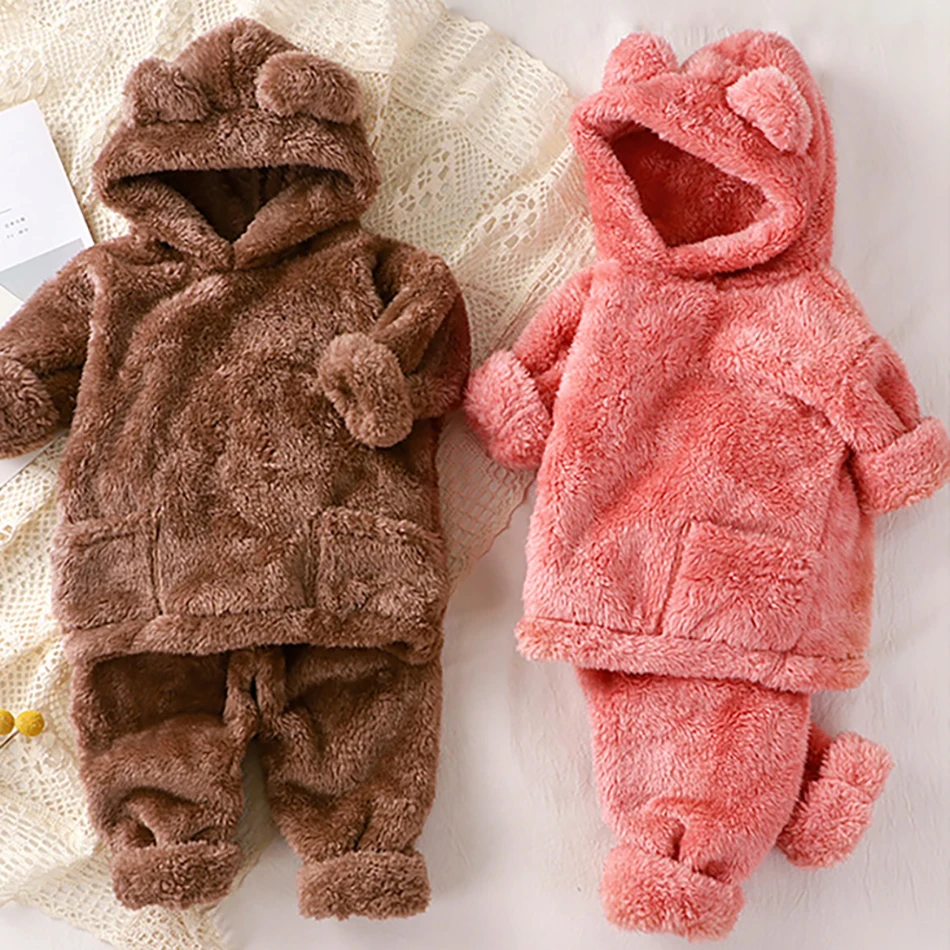 2 Pcs Autumn Winter New Children's Plush Pajama Sets Kids Cute Home Clothes Set Baby Girl Flannel Outerwear Boys Warm Clothing