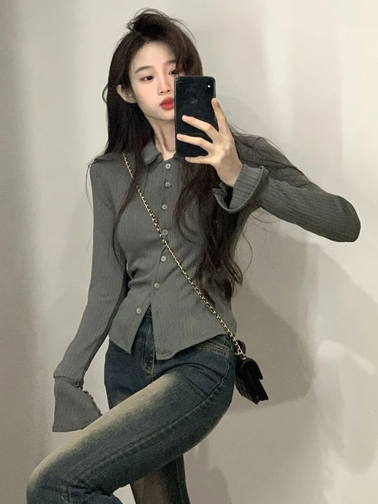T-shirt sexy con colletto polo donna primavera autunno dimagrante manica svasata top donna moda coreana tinta unita streetwear camicetta Y2k