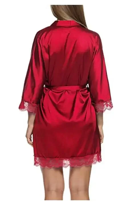 Ladies Contrast Lace Satin Robe 2018 New Fashion Sexy Women Clothes Spring Blue Half Sleeve Plain Night Robe