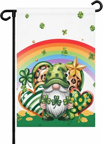 St Patrick's Day Garden Flag Double Side, Green Shamrock Gnomes Love, 12x 18 XXQ