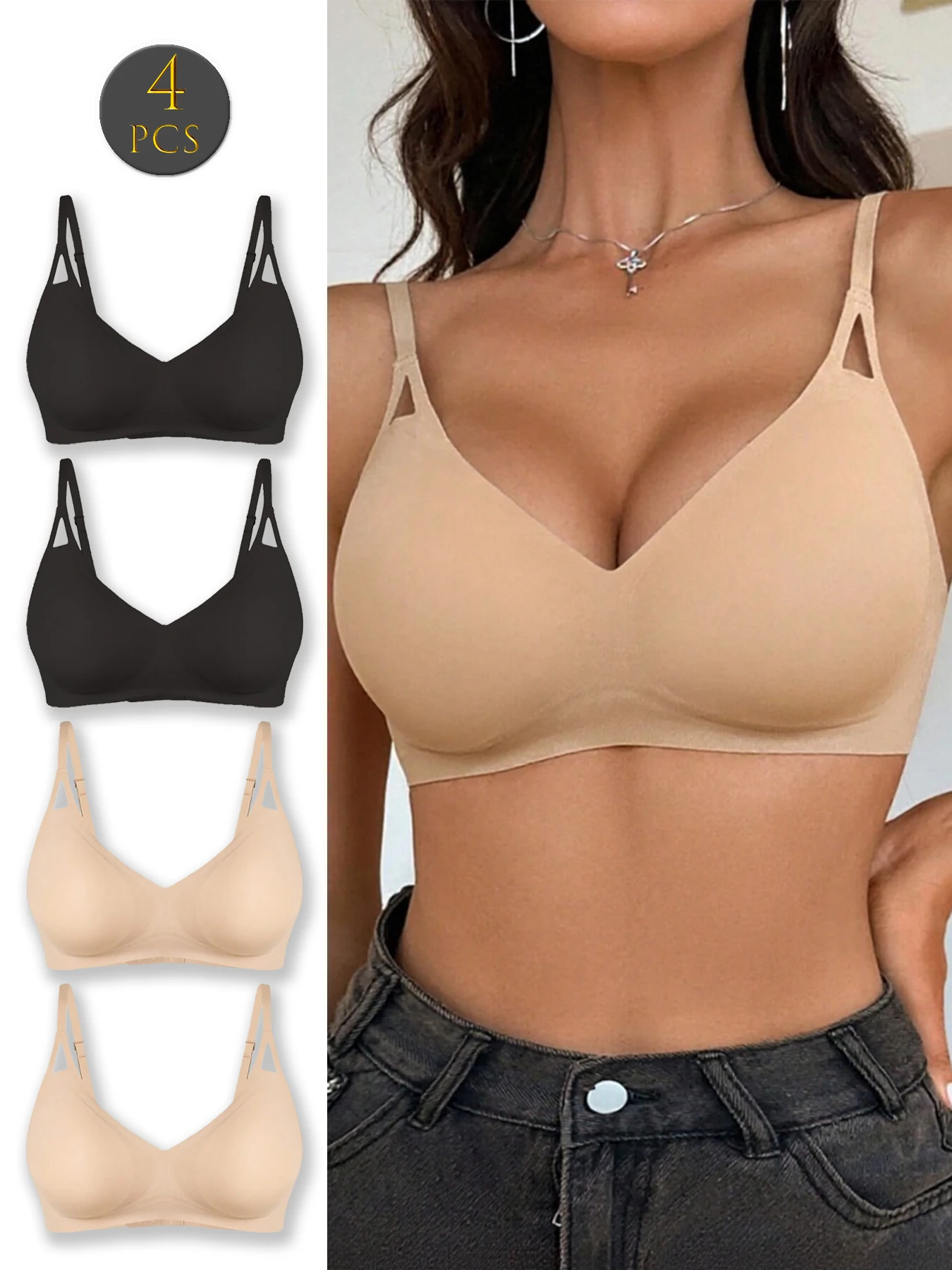 Paquete de 4 sujetadores deportivos sin relleno con cuello en V sin costuras para mujer, sujetador de camiseta básica para todos los días para copa A B C D