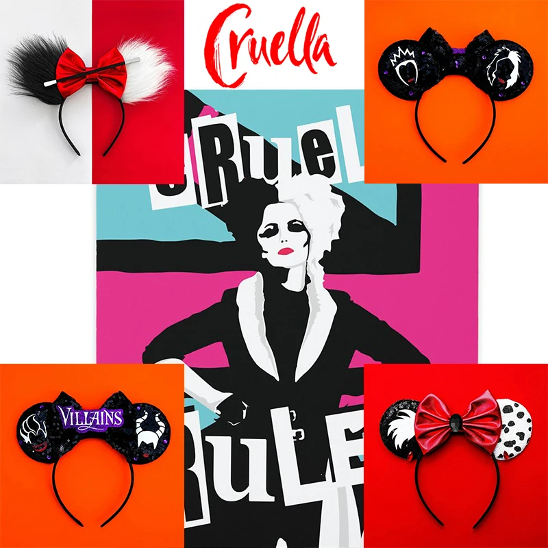 

Fine Cruella de Vil Headband Disney Mickey Mouse Ears Headbands for Girls Kids Women Bow Hair Accessories Party Cosplay Hairband