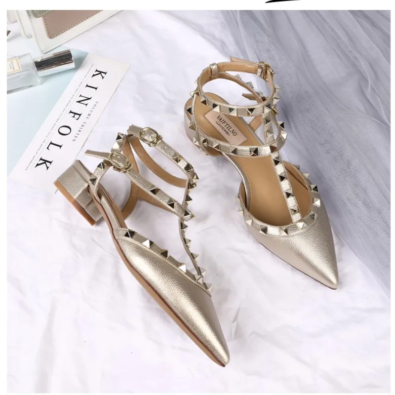 Luxury High Quality Pointed Rivet Sandals Pumps 2023 Genuine Leather New Versatile Bare Feet Lace Up Square Heels Women\'s Shoes