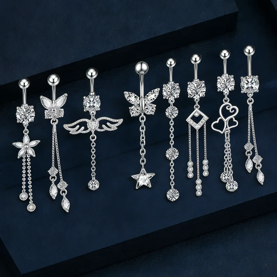 Internally Threaded Navel Piercings Jewelry Titanium Piercing Barbell Long Chain Bow Flower Butterfly Dangle Belly Button Rings