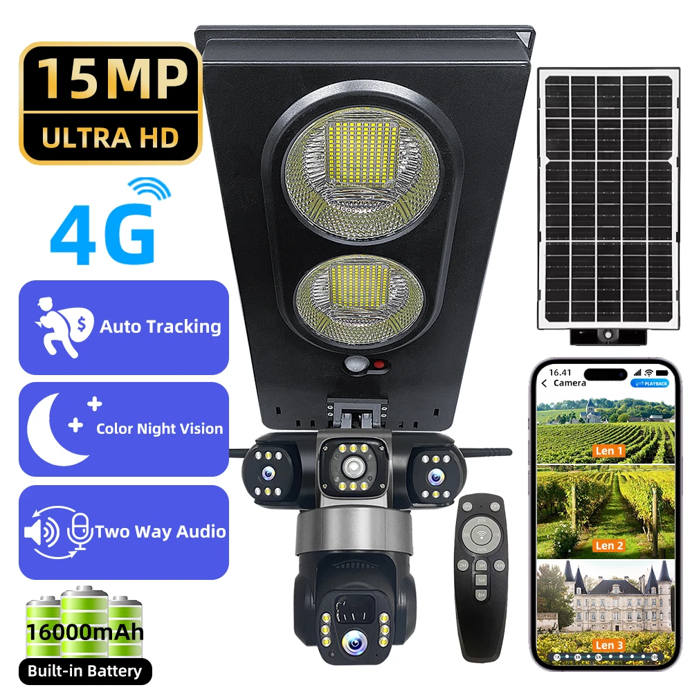 

V380 Pro 10X Zoom 4G Solar Camera Wifi Outdoor 15MP Three Lens Three Screens CCTV PIR Human Detect LED Lamp Security Cameras