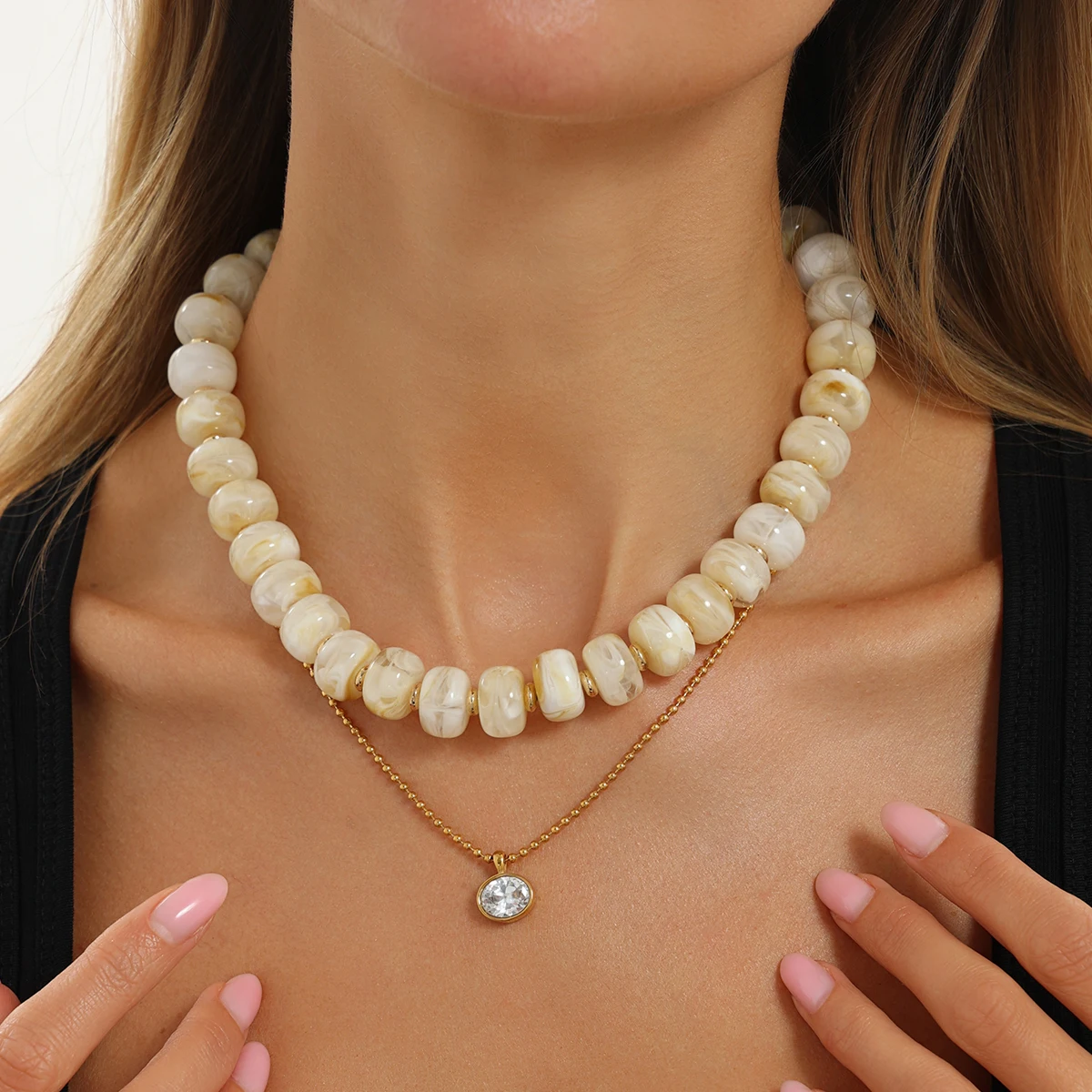 KunJoe Y2K Colorful Acrylic Resin Beaded Necklace for Women Boho Gold Plated Stainless Steel Zircon Pendant Chain Trendy Jewelry