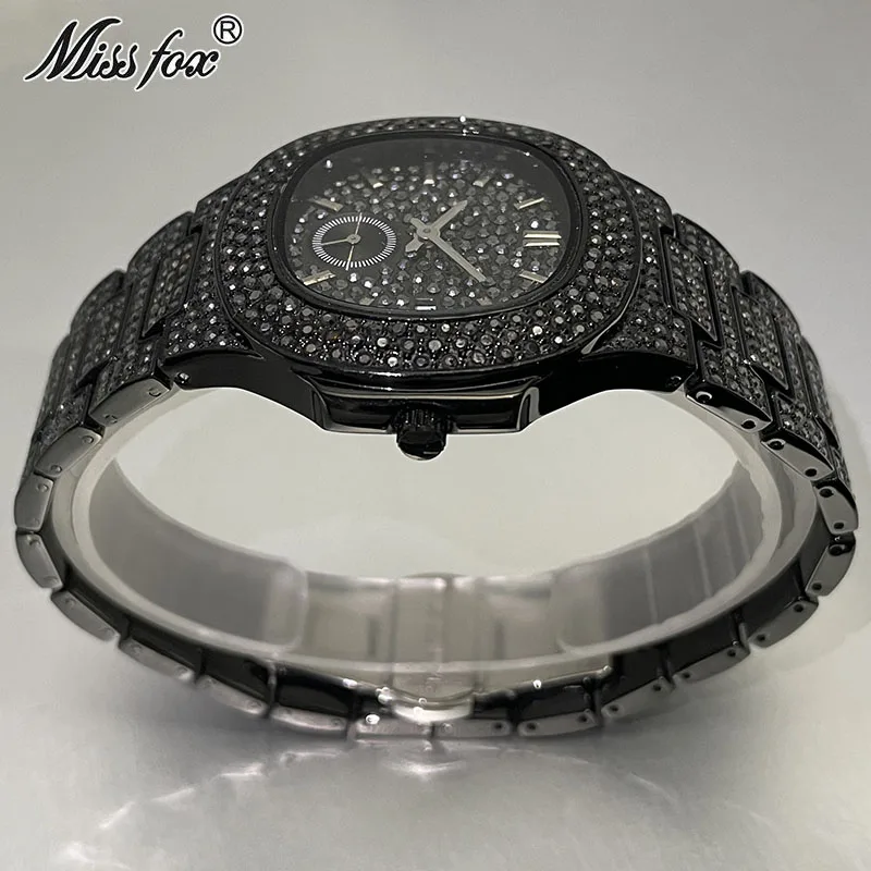 MISSFOX Iced Watch For Mens Fashion Stainless Steel Quartz Clock Man Hip Hop Black Diamond Jewelry Wristwatch Reloj Dropshipping