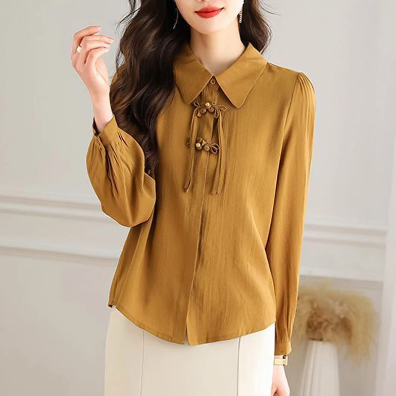 Women\'s Clothing Vintage Stylish Chinese Style Button Up Shirt Office Lady Elegant Commuting Blouse Solid Long Sleeve Loose Tops