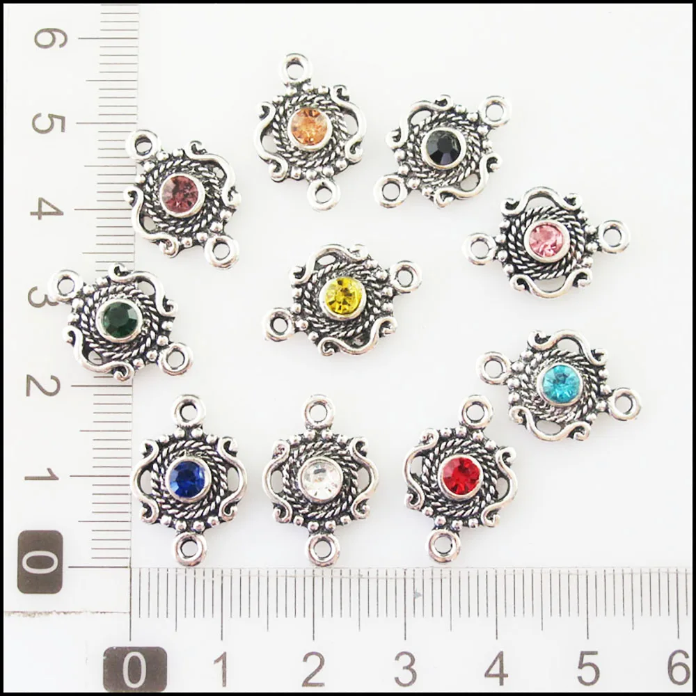 Fashion 20Pcs Mixed Crystal Tibetan Silver Plated Crown Flower Charms Connectors 13x19mm