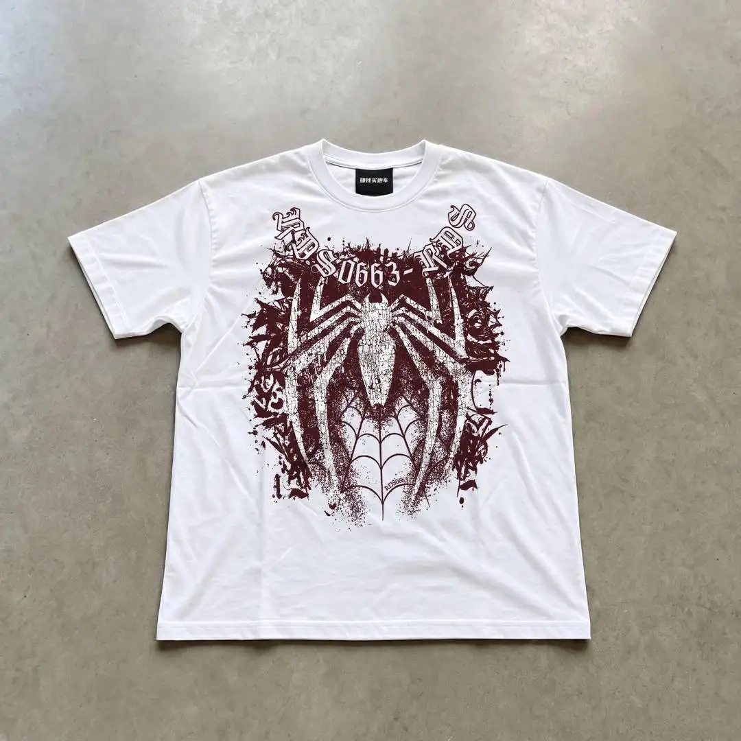 American Retro Distressed Spider Pattern T‑Shirt, Unisex Loose Short Sleeve Tops Vintage  Polyester Street Fashion Tee