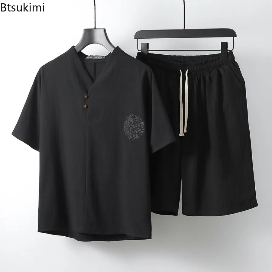 Nieuwe 2025 Heren Chinese Stijl Katoen en Linnen Set Zomer Casual Losse Puur Katoen Set voor Mannen Korte Mouwen Shorts Tweedelige Set