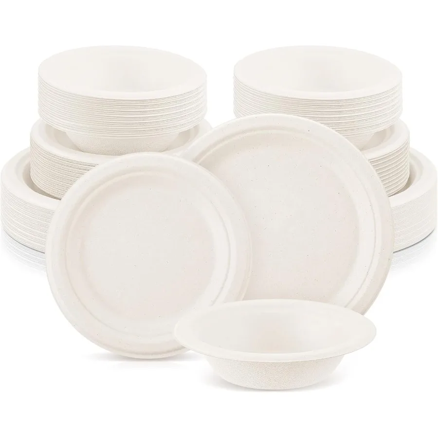 

150 Pcs Compostable Paper Plates and Bowls Set in 7 Inch and 9 Inch Sizes with 12oz Biodegradable Bowls for Outdoor Events Indo