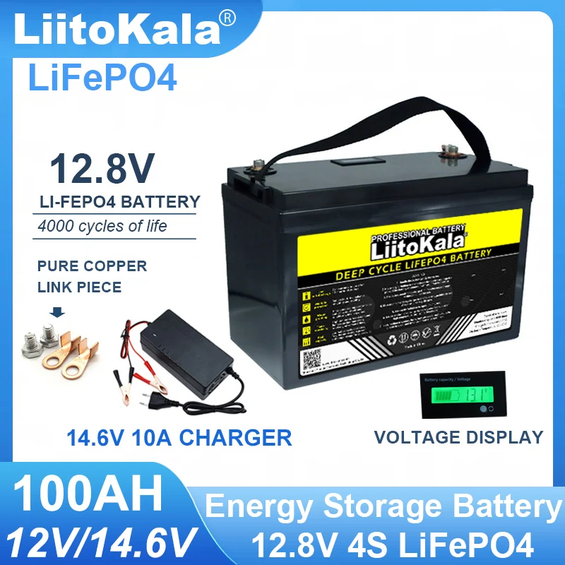 LiitoKala-paquete de baterías LiFePO4 de 12,8 V, 100Ah, 12V, litio, hierro, fosfato, 4000 ciclos, inversor, encendedor de coche, Solar, libre de