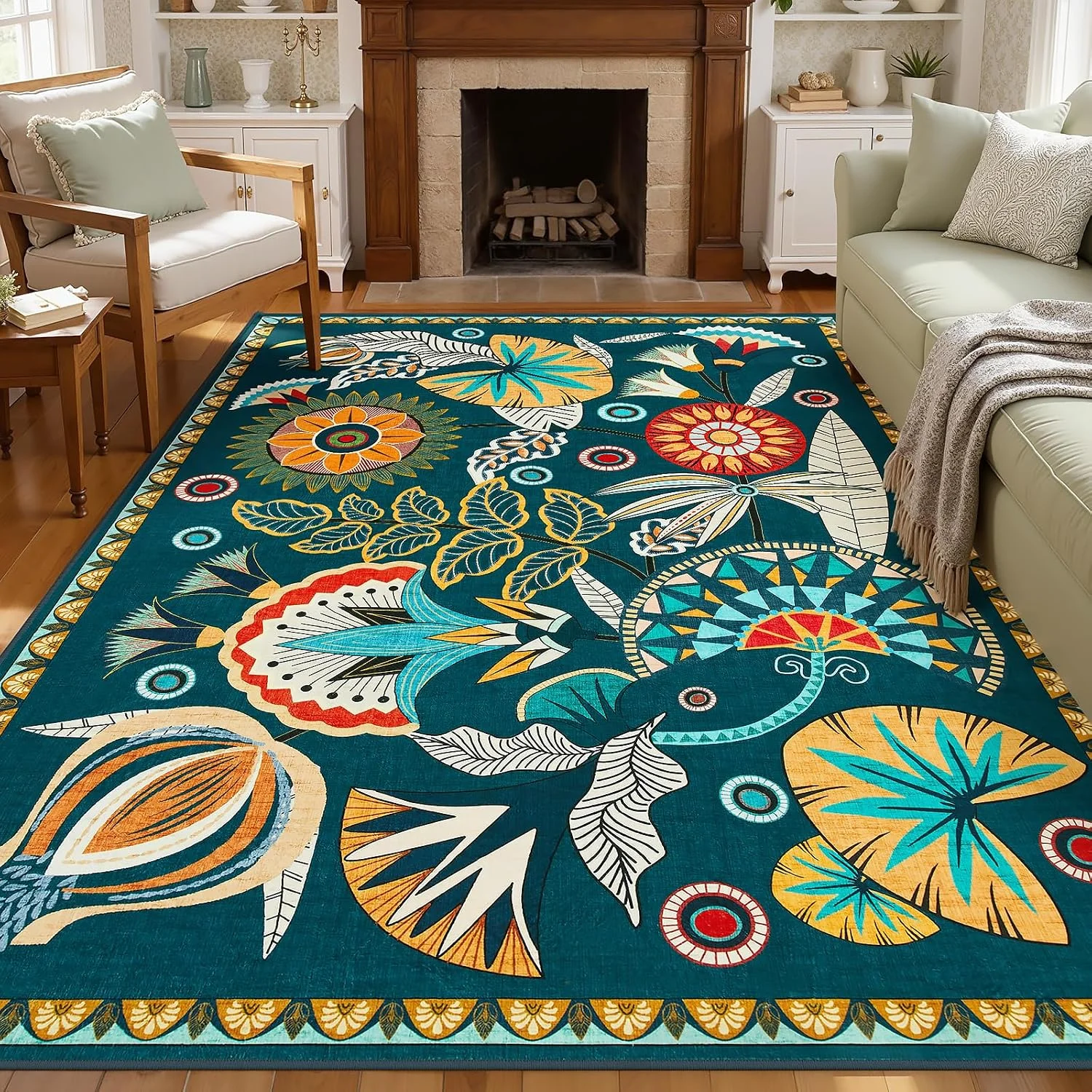 Large 5x7 Egypt Floral Boho Washable Area Rug Non Slip Stain Resistant Indoor Carpet for Living Room Dining Room Entryway