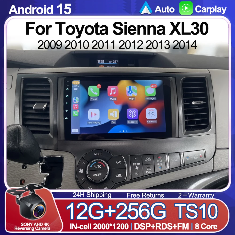 Android 16 For Toyota Sienna XL30 2009 2010 2011 2012 2013 2014 Carplay Auto 2K Screen Car Radio Multimedia Video Player 5G Auto