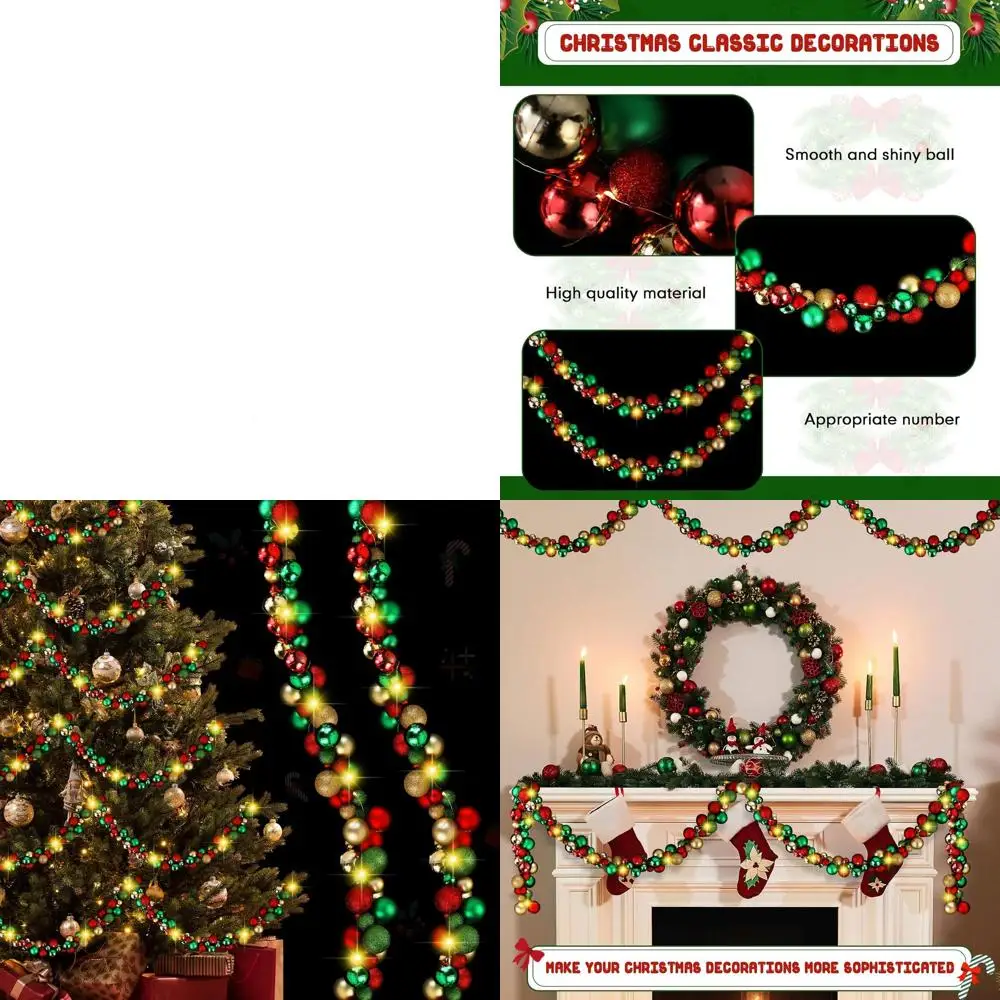 

12-футовый рождественский венок-гирлянда со светодиодной подсветкой и подвесными шарами, красные, зеленые, золотые украшения для елки и камина