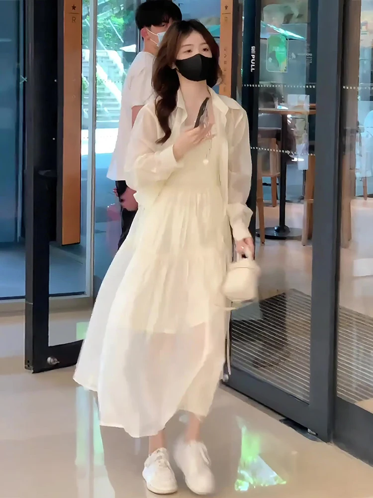 

Summer 2024 Trendy Two-Piece Set Dr Women's Sundr Top Bot Loose Sle Sunscreen irt Strap Dr Casual Holiday Wind