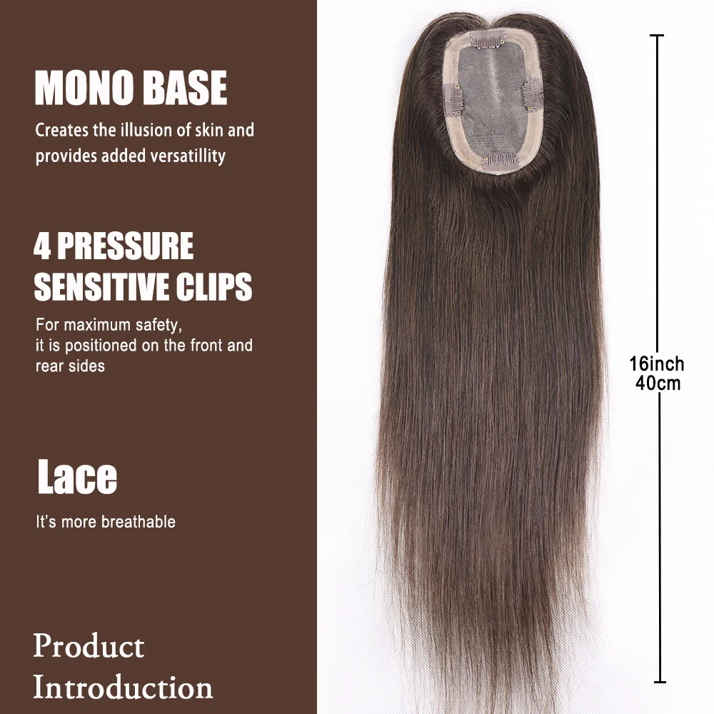 Dark Brown Toppers for Women 16Inch Straight Human Hair Clip In Hairpiece Remy Hair Mono Base Full Head Topper for Thin Hair