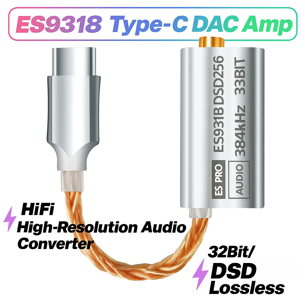 ES9318 DAC Amp USB-C to 3.5mm Adapter | High-Resolution 32Bit/384kHz DSD256 for Lossless Audio