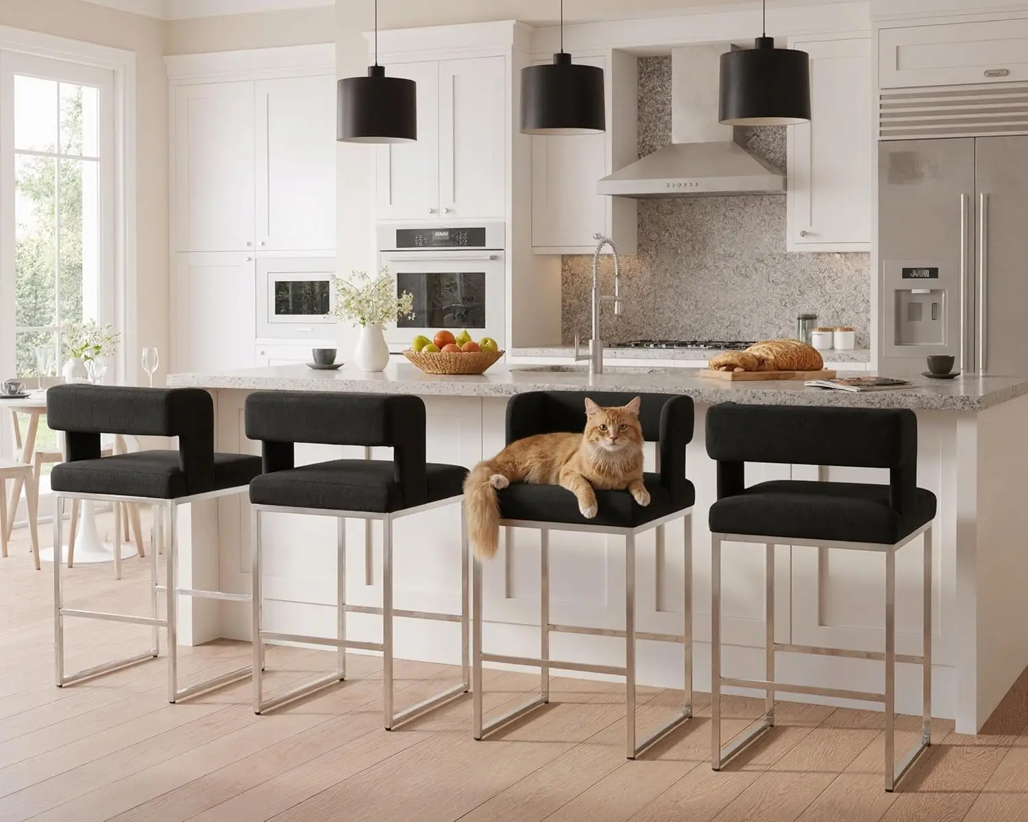 

26’’ Counter Height Black Bar Stools Set of 4, Modern Barrel Counter Stool with Open Back and Chrome Metal Frame, Square Upholst