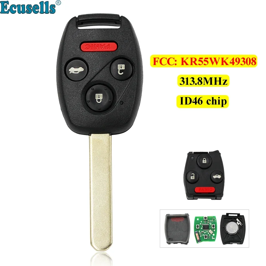 

Remote Control Car Key 3+1 Button 313.8MHz ID46 Chip for Honda Pilot Accord 2008 2009 2010 2011 2012 FCC: KR55WK49308