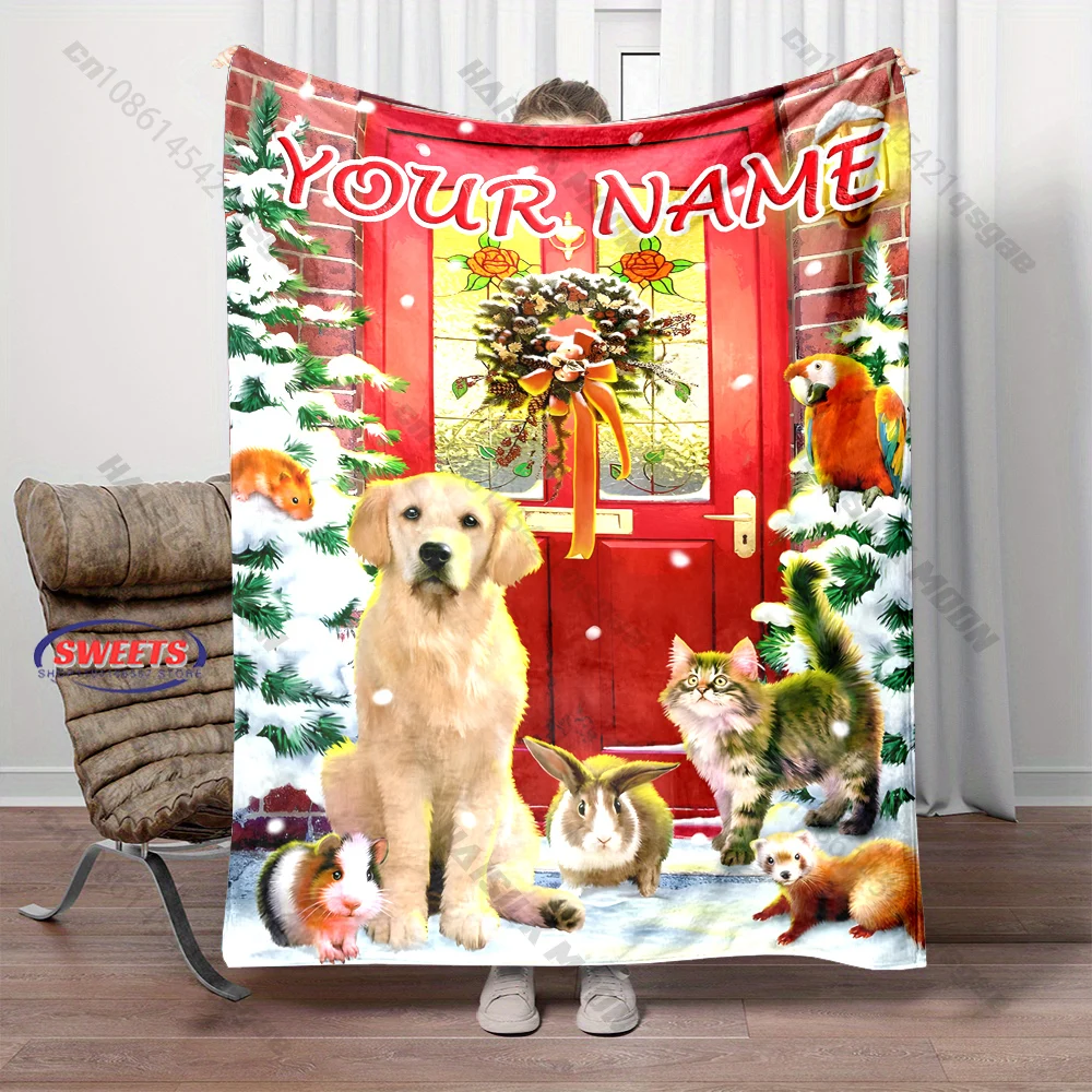 Custom Name Christmas Farm Pets Blanket Golden Dog Cat Bunny Parrot Winter Front Door Scene Flannel Sofa Throw Blanket