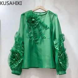 KUSAHIKI Chic Folds Ruffle Flower See Through Long Slevee Blouses Women Fashion Elegant 2023 Spring Summer Korean Blusas Shirt