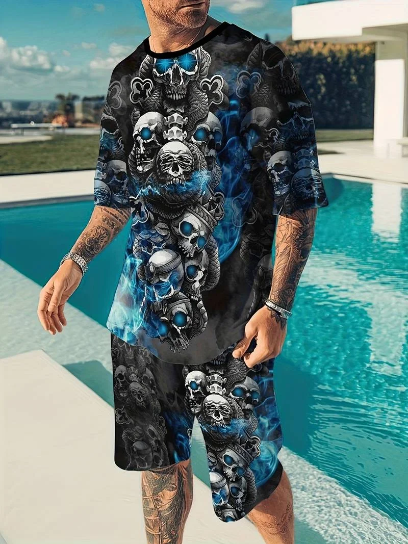 2024 New men\'s short sleeved shirt and shorts set,2-piece set of men\'s street clothing, 3D skull print set,US sizes cloths S-2XL